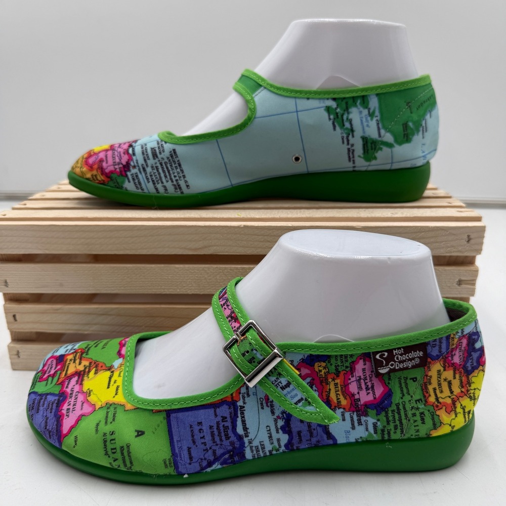 Hot Chocolate Design Mary Jane Flats Bon Voyage World Map Print Womens Size 37